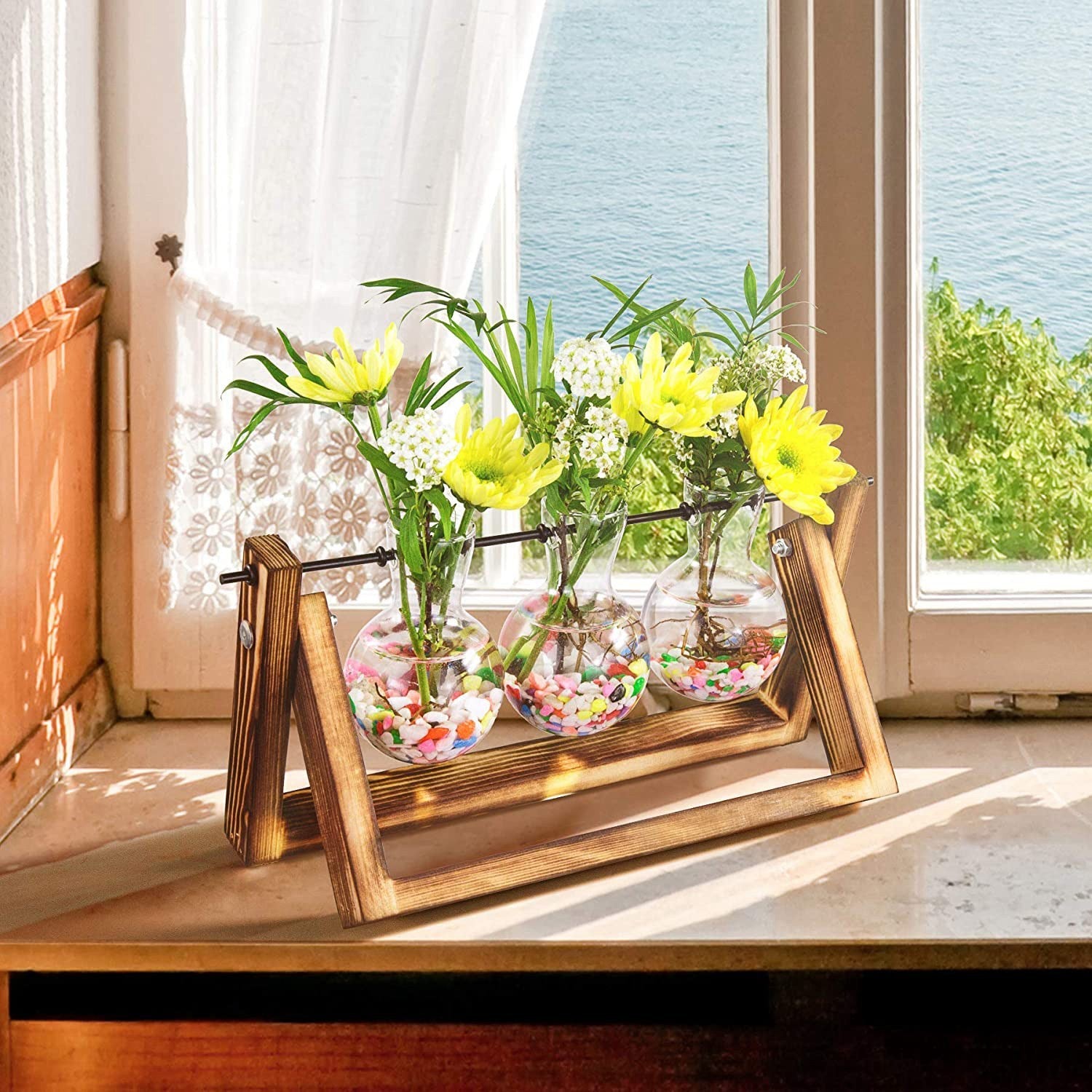 Desktop Glass Planter Bulb Terrarium – Hydroponic Plant Vase with Wooden Stand & Metal Swivel Holder, 1Pc Air Planter for Home Office Decor