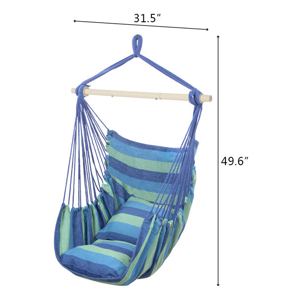 Hanging Chair with Cushions – Galvanized Pipe Frame, Blue Striped Polyester Cotton Hammock Chair