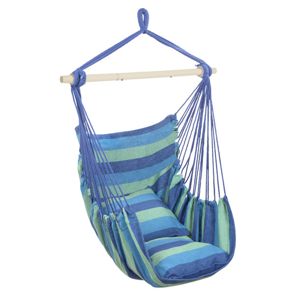Hanging Chair with Cushions – Galvanized Pipe Frame, Blue Striped Polyester Cotton Hammock Chair
