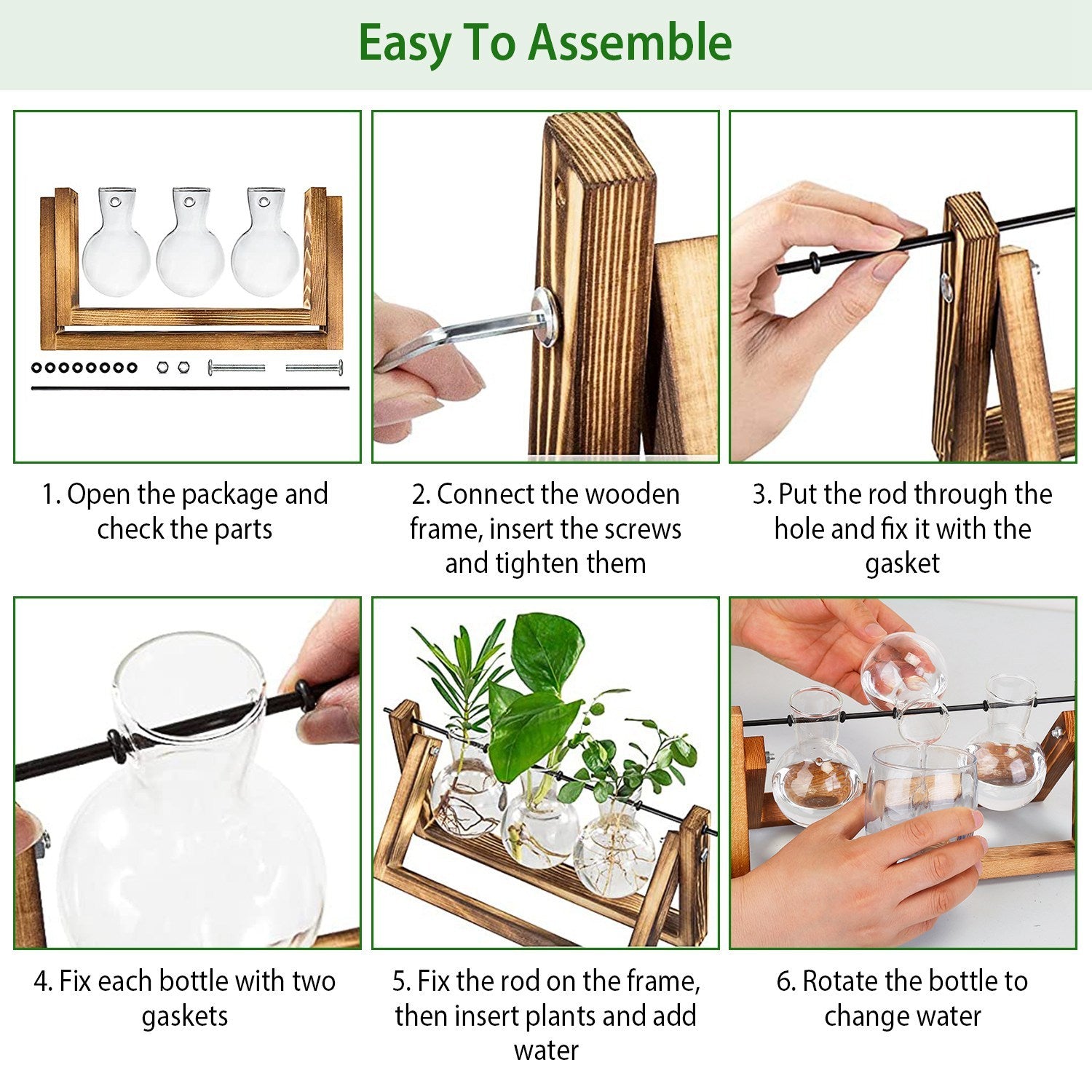Desktop Glass Planter Bulb Terrarium – Hydroponic Plant Vase with Wooden Stand & Metal Swivel Holder, 1Pc Air Planter for Home Office Decor