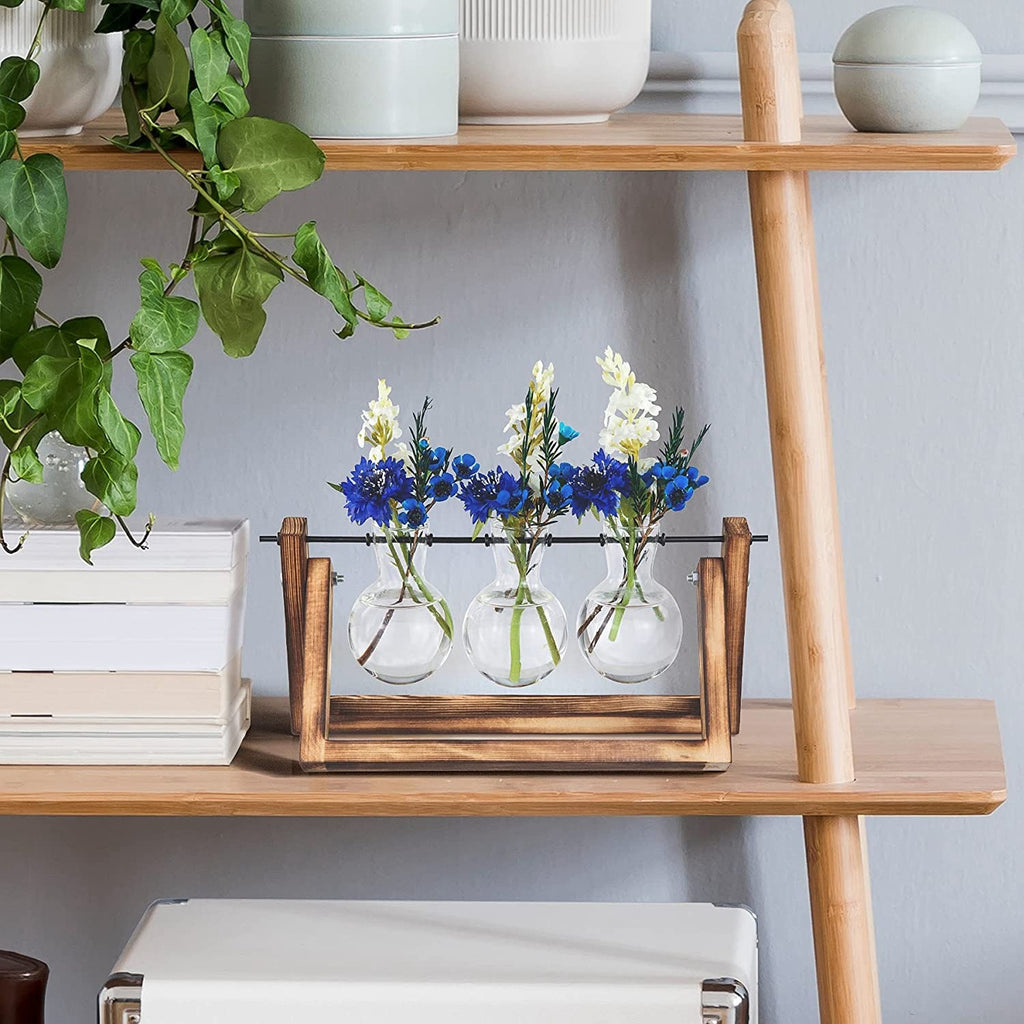 Desktop Glass Planter Bulb Terrarium – Hydroponic Plant Vase with Wooden Stand & Metal Swivel Holder, 1Pc Air Planter for Home Office Decor