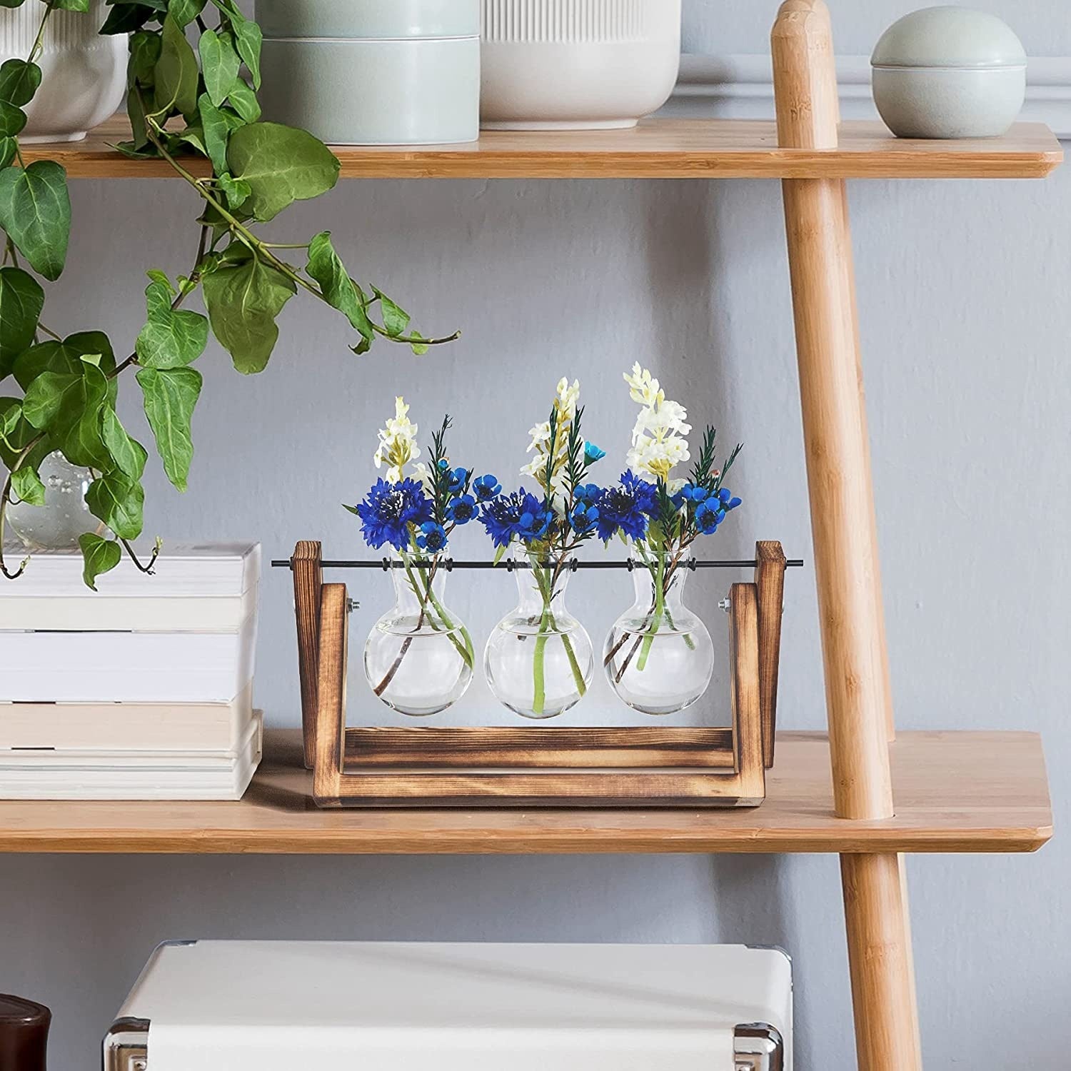 Desktop Glass Planter Bulb Terrarium – Hydroponic Plant Vase with Wooden Stand & Metal Swivel Holder, 1Pc Air Planter for Home Office Decor