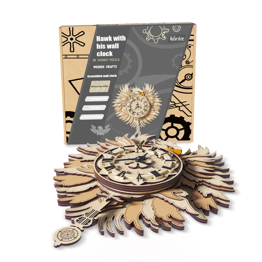 Minimalist Wooden Hawk Wall Clock – DIY 3D Puzzle Toy & Creative Home Decoration