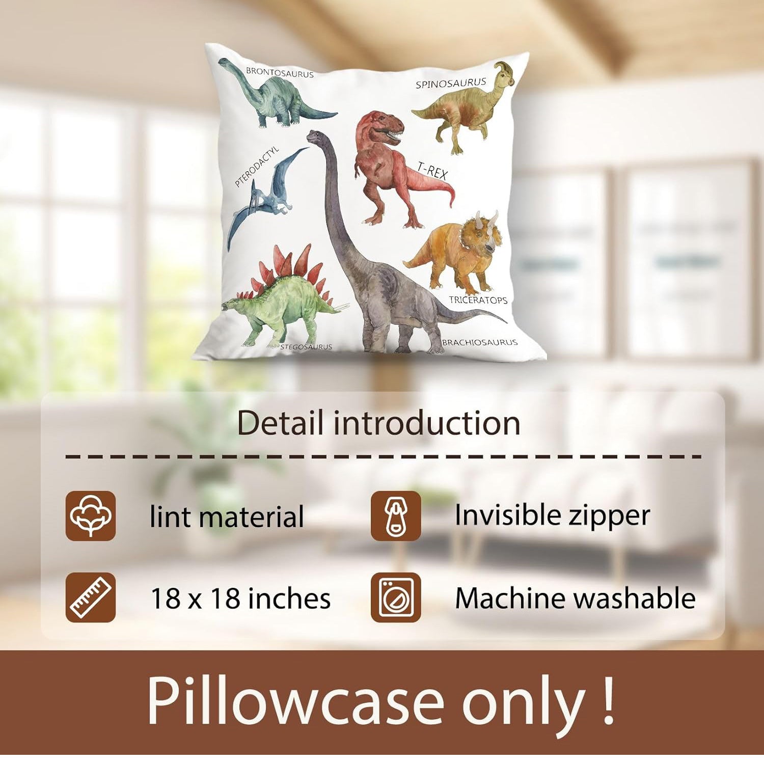 Wild Dinosaur Pillow Cover – 18x18 Square Throw Pillowcase with T-Rex & Brachiosaurus, Decorative Cushion for Boys’ Room & Home Decor