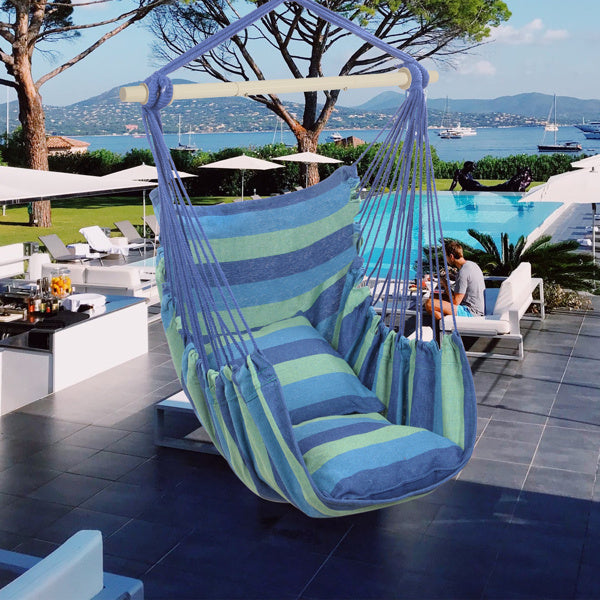 Hanging Chair with Cushions – Galvanized Pipe Frame, Blue Striped Polyester Cotton Hammock Chair