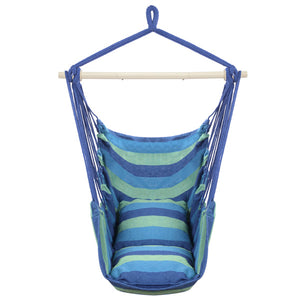 Hanging Chair with Cushions – Galvanized Pipe Frame, Blue Striped Polyester Cotton Hammock Chair