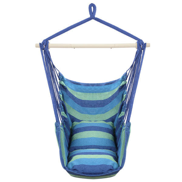 Hanging Chair with Cushions – Galvanized Pipe Frame, Blue Striped Polyester Cotton Hammock Chair