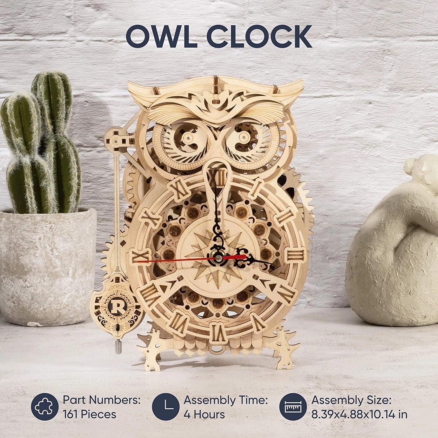 Robotime ROKR 3D Wooden Owl Clock – DIY Building Kit LK503, Creative Puzzle Toys for Children & Adults, Home Decoration & Christmas Gifts