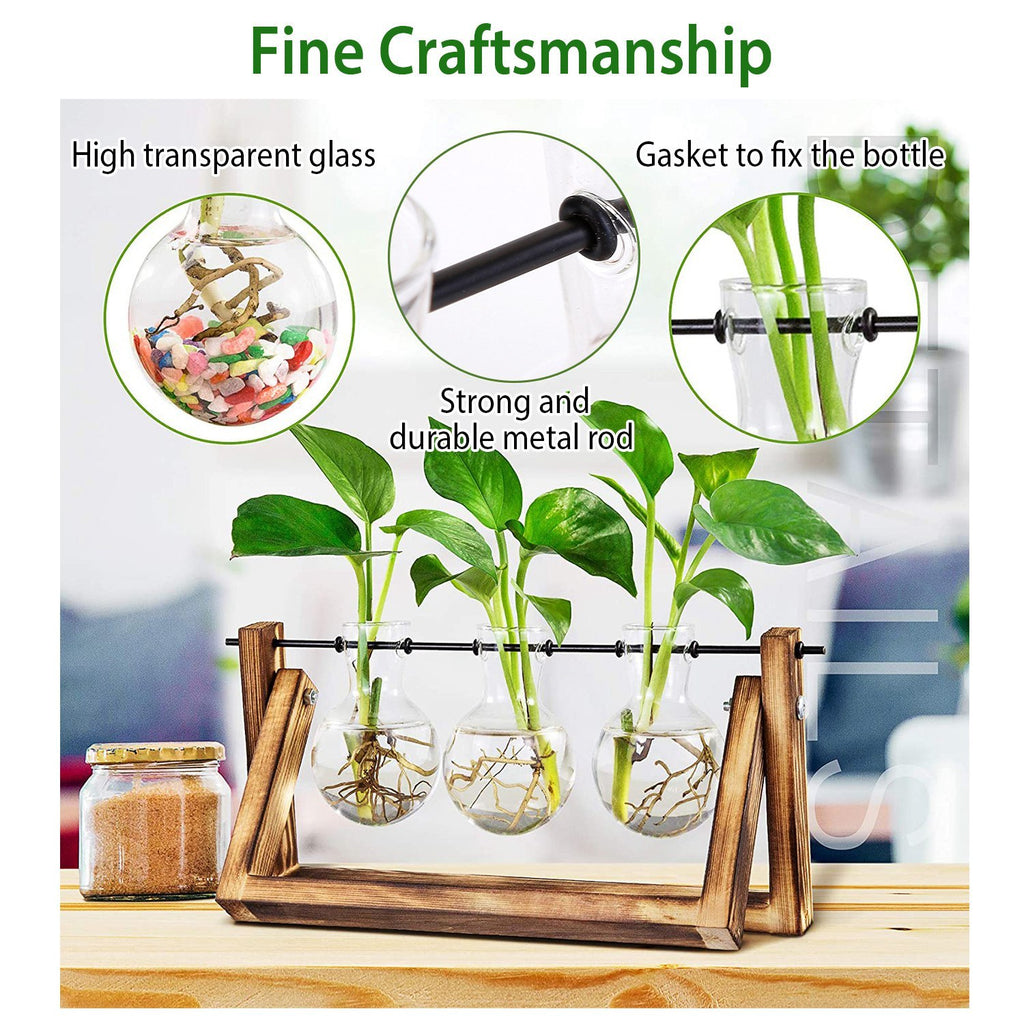 Desktop Glass Planter Bulb Terrarium – Hydroponic Plant Vase with Wooden Stand & Metal Swivel Holder, 1Pc Air Planter for Home Office Decor