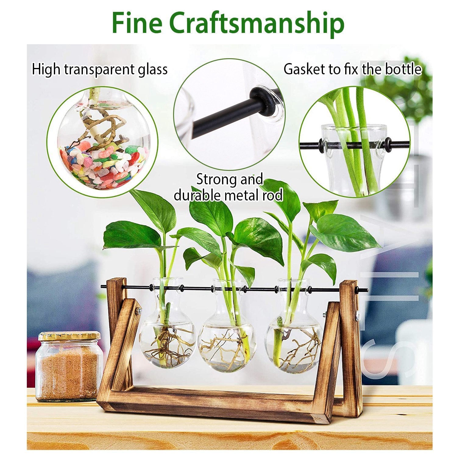 Desktop Glass Planter Bulb Terrarium – Hydroponic Plant Vase with Wooden Stand & Metal Swivel Holder, 1Pc Air Planter for Home Office Decor