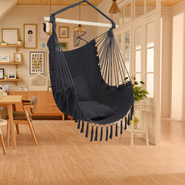 Gray Fringe Hanging Chair with Cushions – Galvanized Pipe Frame, Polyester Cotton Hammock Chair