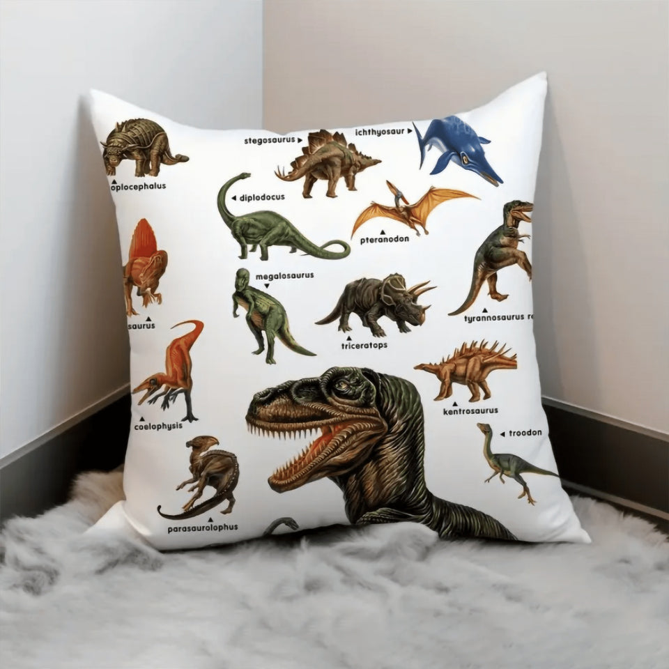 Wild Dinosaur Pillow Cover – 18x18 Square Throw Pillowcase with T-Rex & Brachiosaurus, Decorative Cushion for Boys’ Room & Home Decor