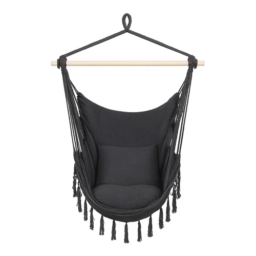 Gray Fringe Hanging Hammock Chair with Cushions – Polyester Cotton Seat & Galvanized Pipe Frame