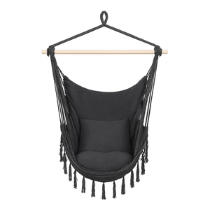 Gray Fringe Hanging Hammock Chair with Cushions – Polyester Cotton Seat & Galvanized Pipe Frame