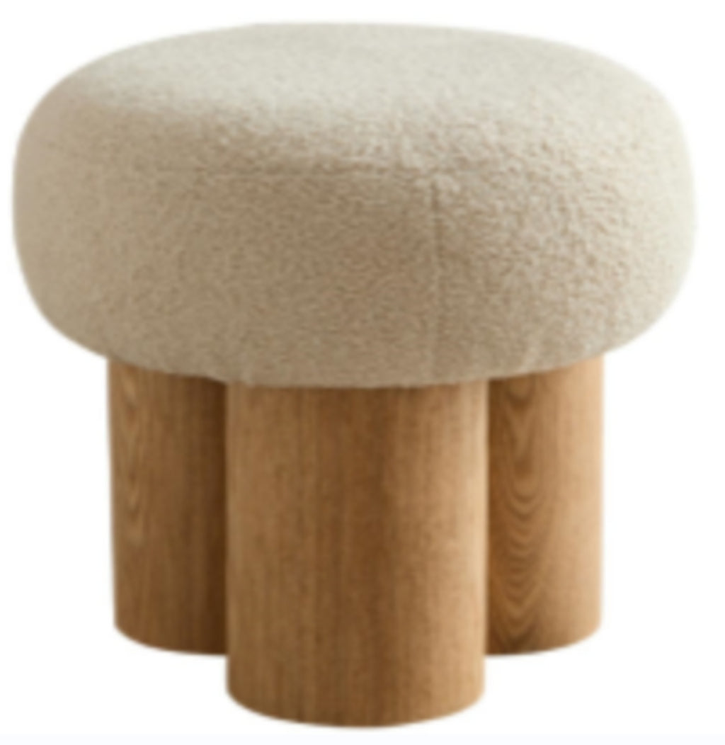 Mushroom Stool W8017-1 – Plush Cushion Ottoman with Wooden Barrel Base, PVC Walnut Finish, Decorative Footrest for Home