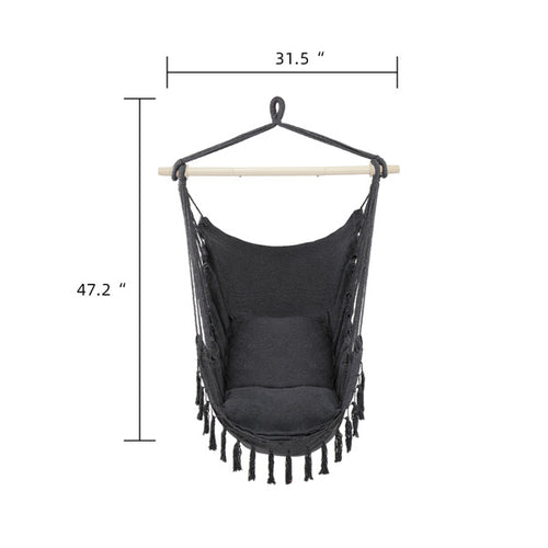 Gray Fringe Hanging Chair with Cushions – Galvanized Pipe Frame, Polyester Cotton Hammock Chair