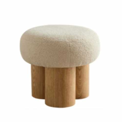 Mushroom Stool – Plush Greige Cushion Ottoman with Wooden Barrel Base, Walnut PVC Finish