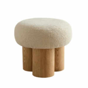 Mushroom Stool – Plush Greige Cushion Ottoman with Wooden Barrel Base, Walnut PVC Finish