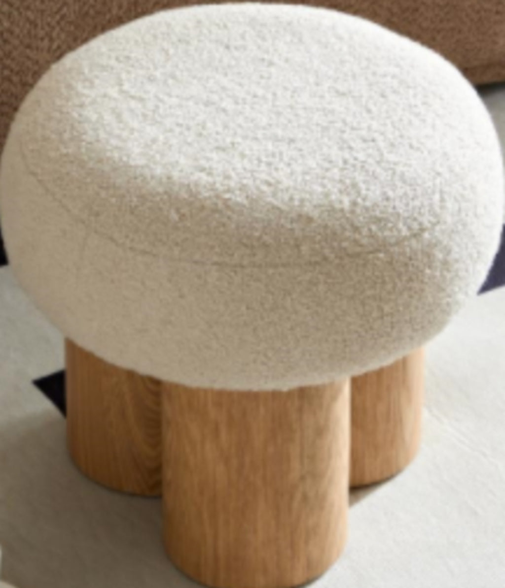 Mushroom Stool W8017-1 – Plush Cushion Ottoman with Wooden Barrel Base, PVC Walnut Finish, Decorative Footrest for Home