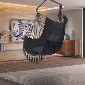 Gray Fringe Hanging Chair with Cushions – Galvanized Pipe Frame, Polyester Cotton Hammock Chair