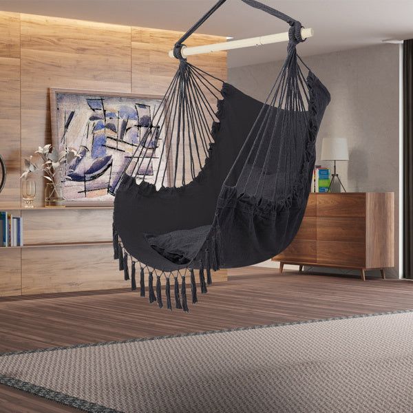 Gray Fringe Hanging Chair with Cushions – Galvanized Pipe Frame, Polyester Cotton Hammock Chair