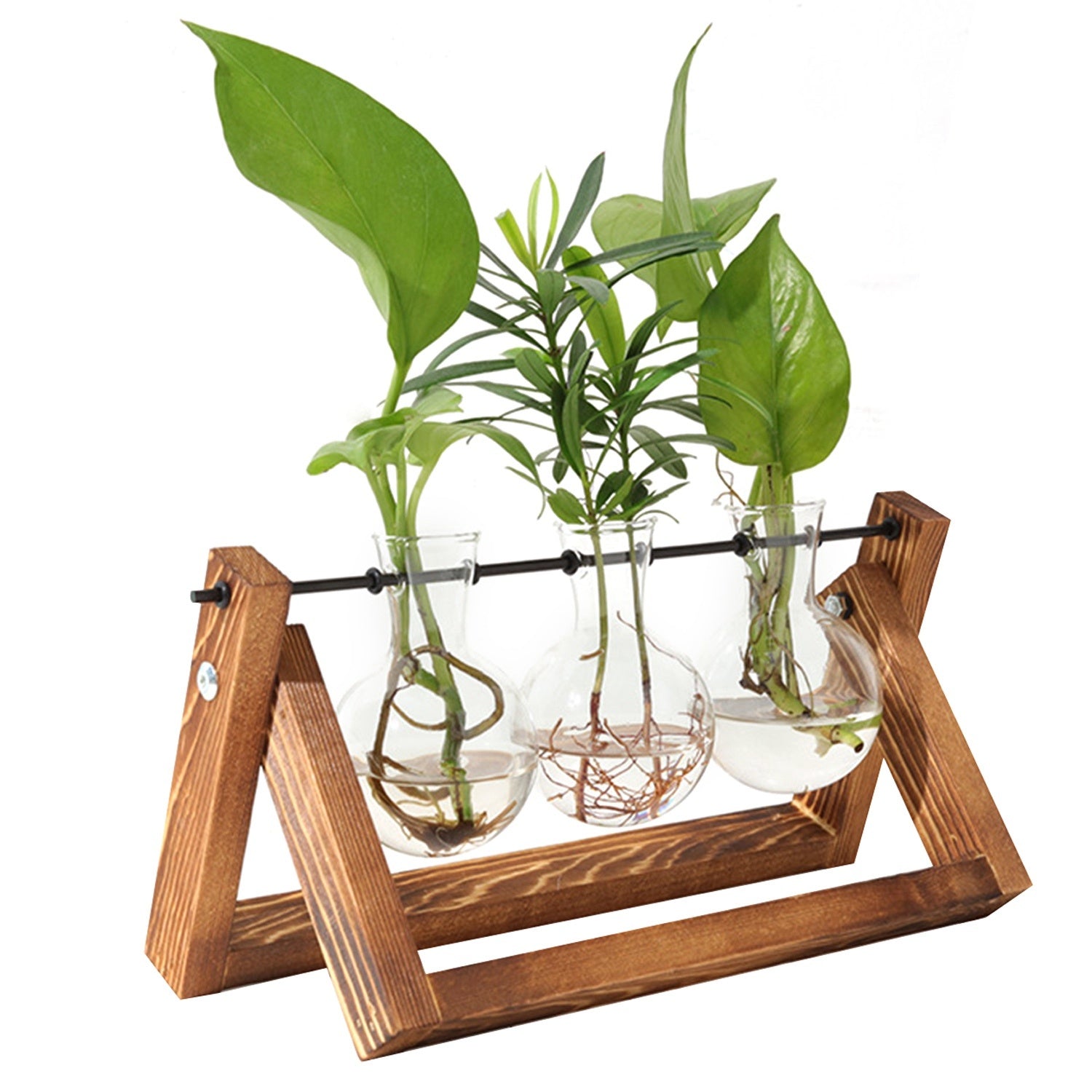 Desktop Glass Planter Bulb Terrarium – Hydroponic Plant Vase with Wooden Stand & Metal Swivel Holder, 1Pc Air Planter for Home Office Decor