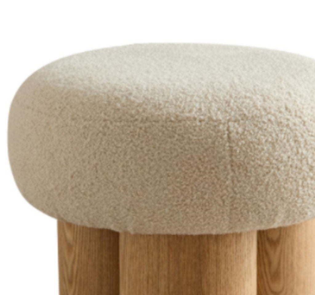 Mushroom Stool W8017-1 – Plush Cushion Ottoman with Wooden Barrel Base, PVC Walnut Finish, Decorative Footrest for Home