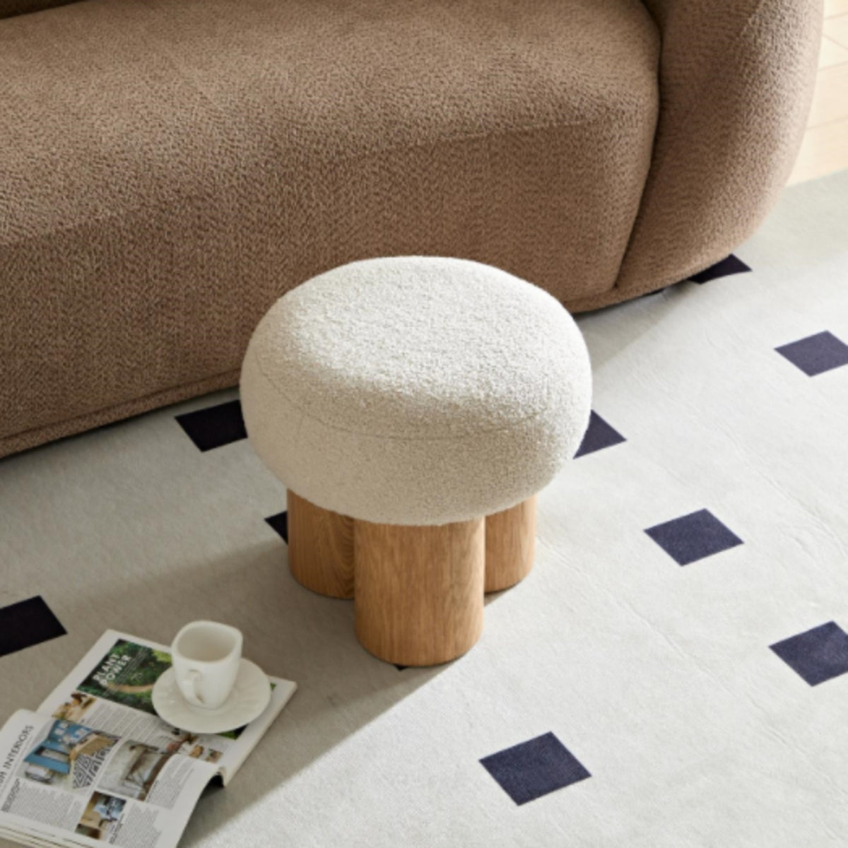 Mushroom Stool W8017-1 – Plush Cushion Ottoman with Wooden Barrel Base, PVC Walnut Finish, Decorative Footrest for Home