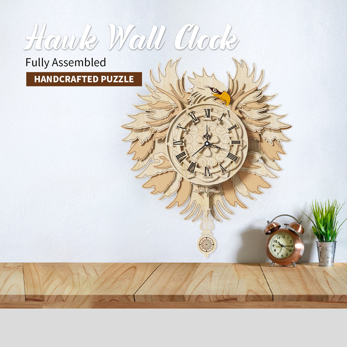 Minimalist Wooden Hawk Wall Clock – DIY 3D Puzzle Toy & Creative Home Decoration