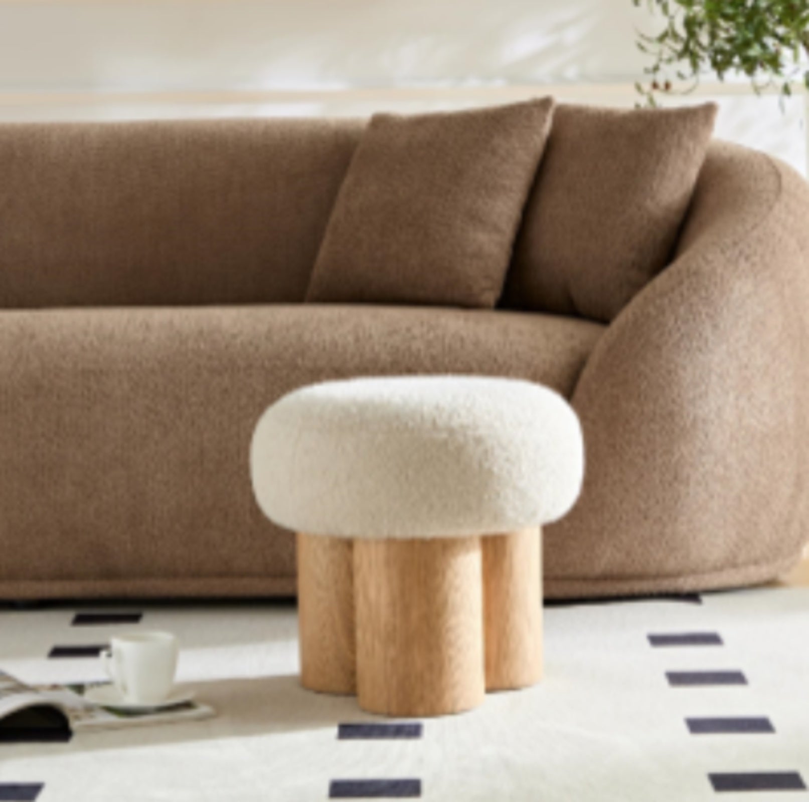 Mushroom Stool W8017-1 – Plush Cushion Ottoman with Wooden Barrel Base, PVC Walnut Finish, Decorative Footrest for Home