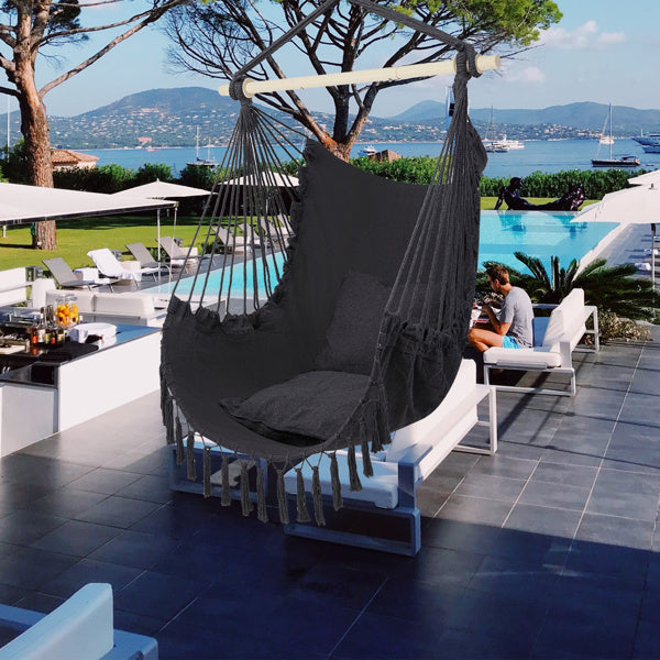 Gray Fringe Hanging Chair with Cushions – Galvanized Pipe Frame, Polyester Cotton Hammock Chair